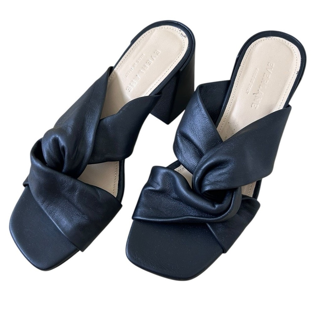 Everlane Black Twisted Leather Mule Heels Square Toe Sandals Women Size 6.5